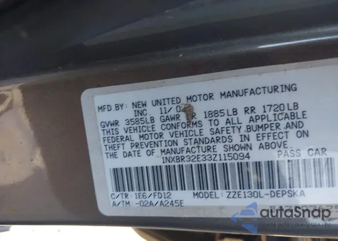 2003 Toyota Corolla Ce/Le/S z USA, uszkodzony, nr VIN 1NXBR32E33Z115094